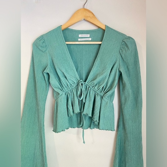 Urban Outfitters Women's Green Blouse Long Sleeve Tie Front Top V-neck - Picture 6 of 7